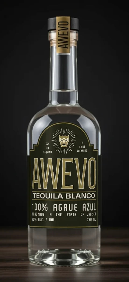 A bottle of Awevo Tequila Blanco with its black and gold jaguar label