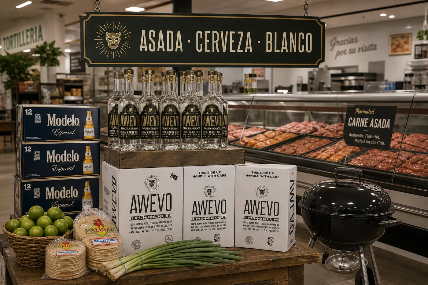 Awevo displayed next to carne asada and grilling supplies