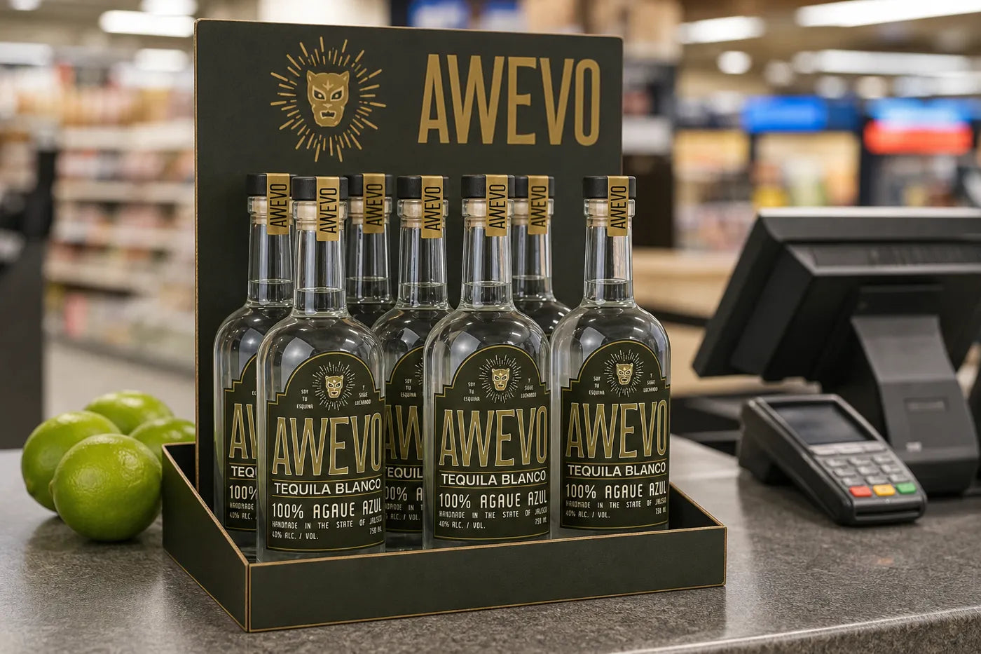 A small countertop display holding Awevo bottles