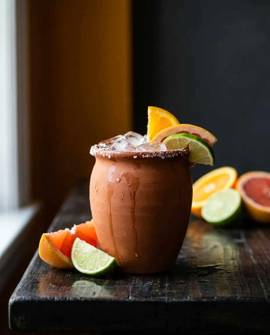 Cantarito in a clay cup with fresh citrus