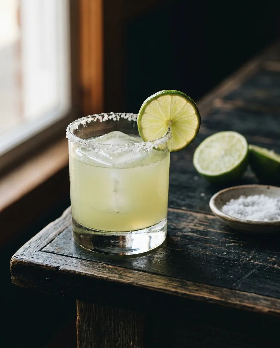 Awevo Margarita in a salt-rimmed rocks glass with a lime wheel