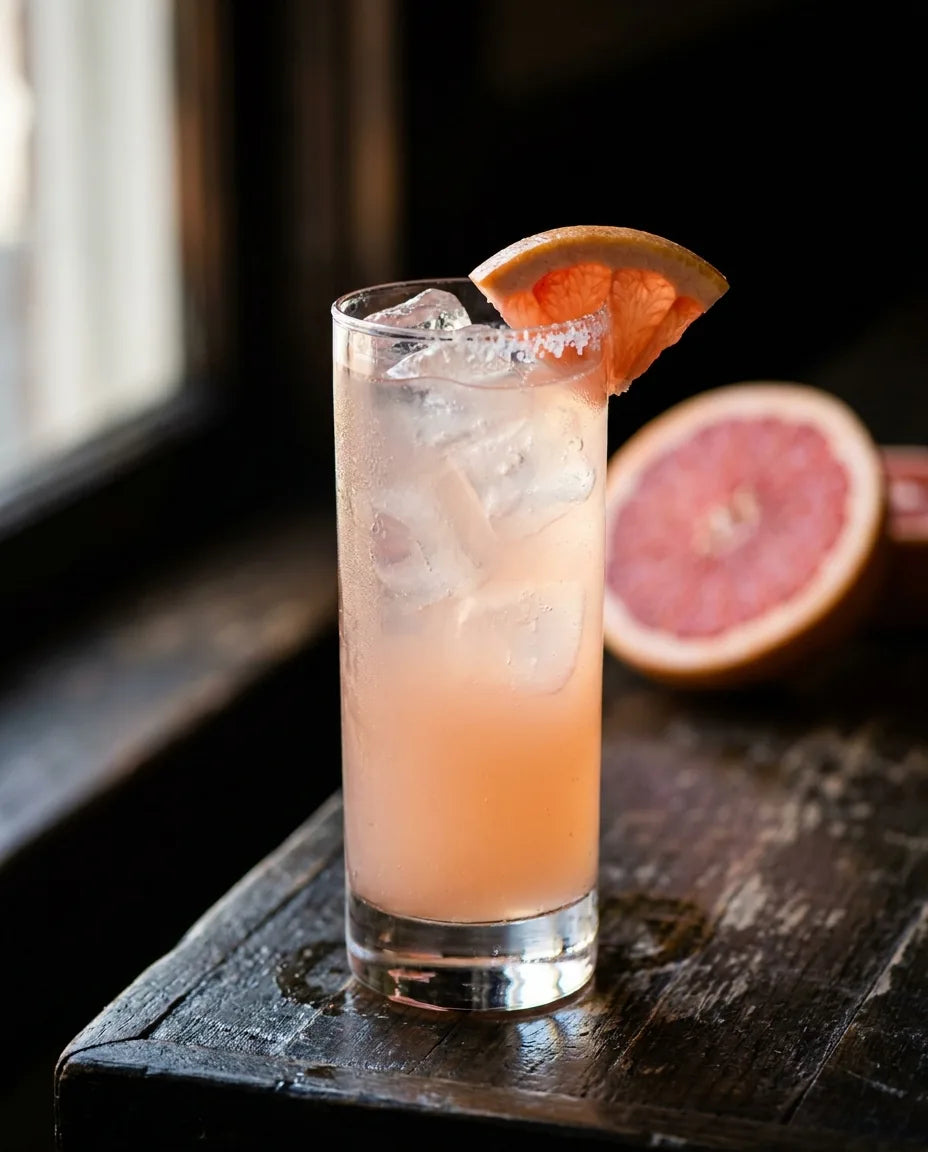 Paloma in a tall glass with a grapefruit wedge