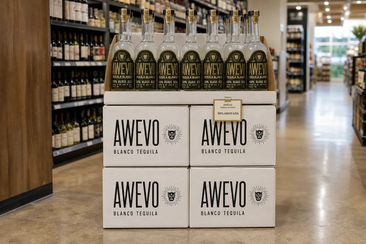Simple case stack of white Awevo shipping cases with bottles on top