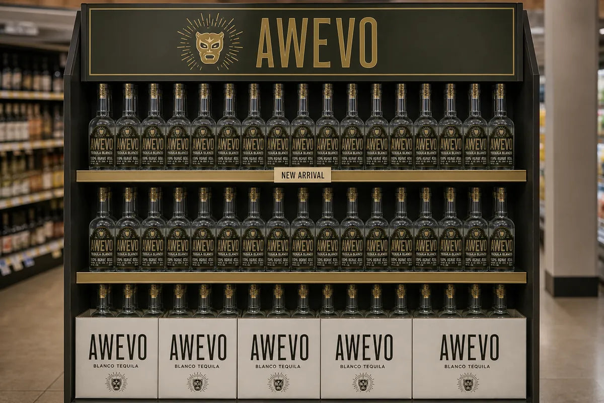 End cap with three shelves of Awevo bottles above white cases