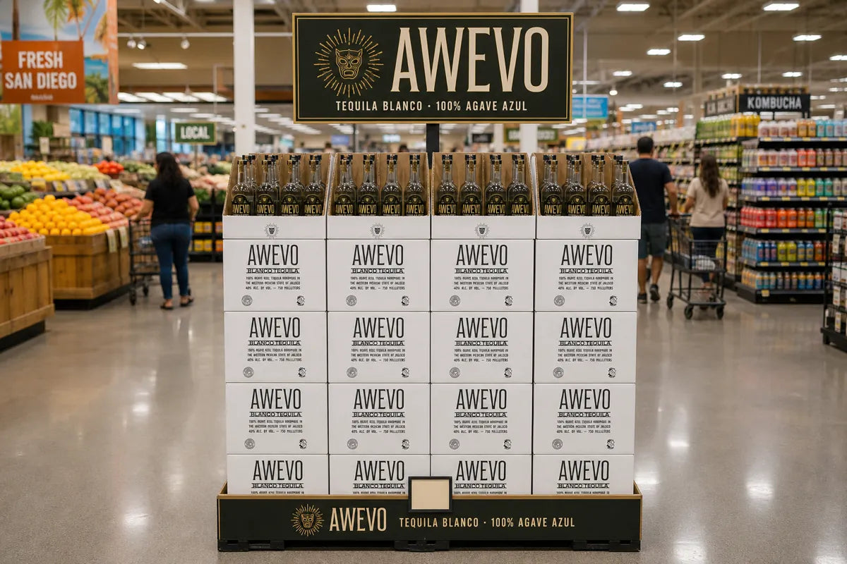 Full pallet of white Awevo cases on a store floor