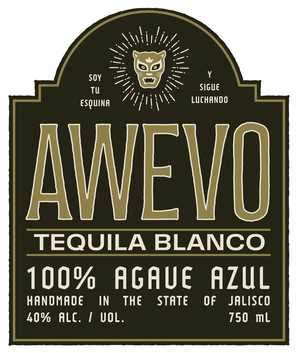 Awevo front label: jaguar mask, AWEVO, Tequila Blanco, 100% Agave Azul, handmade in the state of Jalisco, 40% Alc./Vol., 750 mL