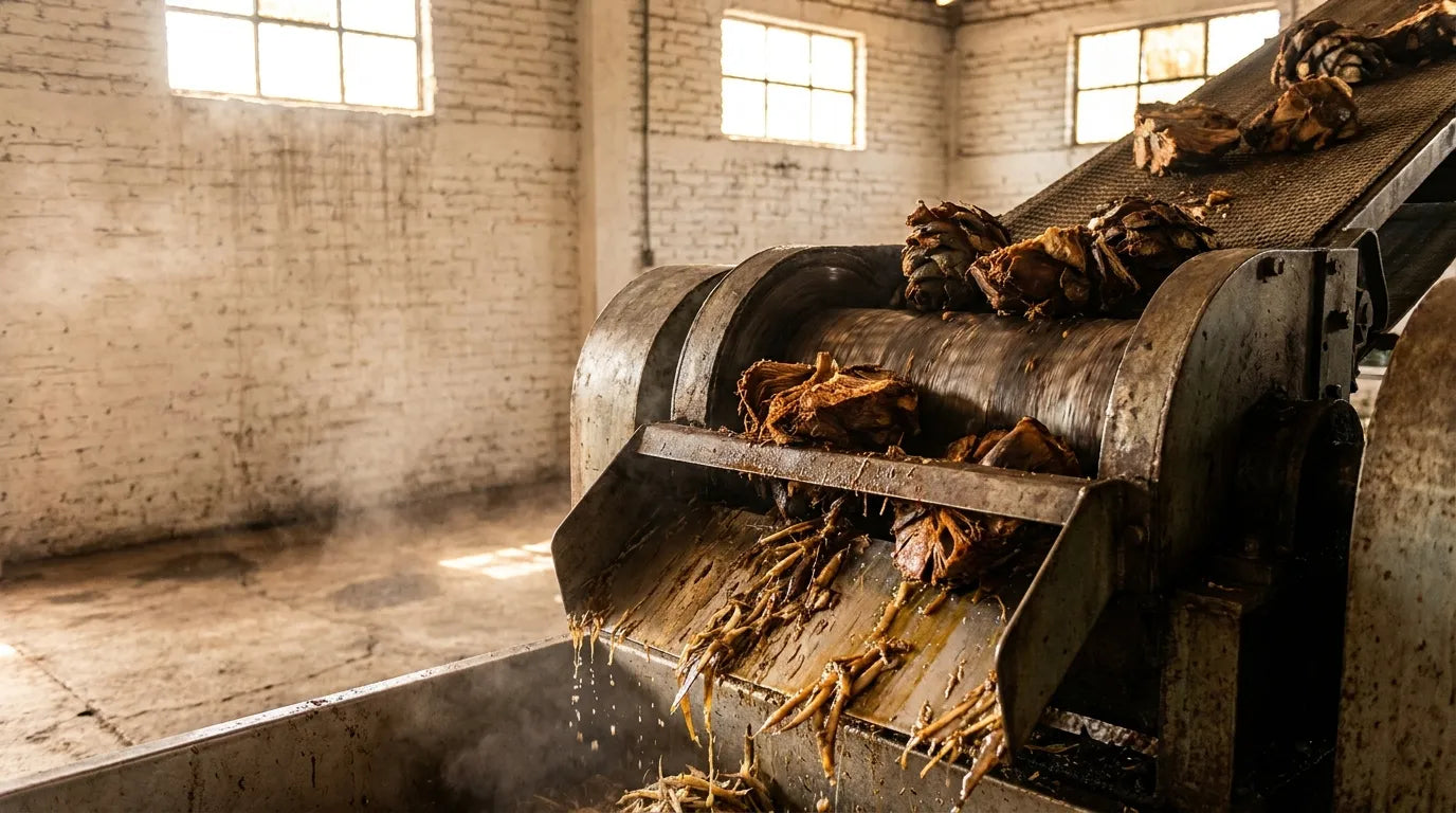 Cooked agave being crushed in a mill