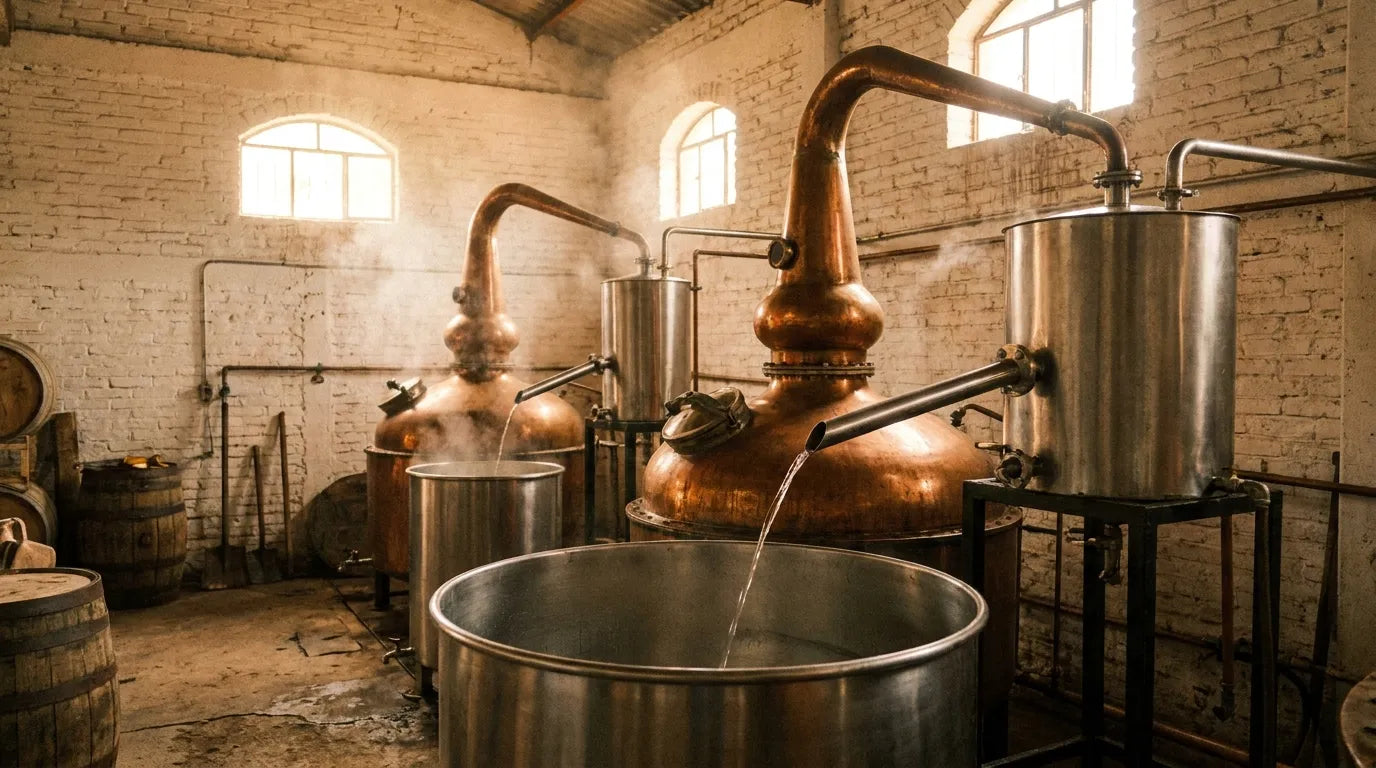 Copper pot stills in a distillery